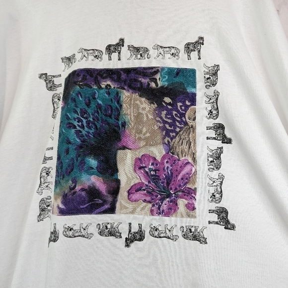 Vintage T Shirt Women 3X White 90s Zebra Leopard Tiger Animal Floral Lily Crew - Picture 11 of 11
